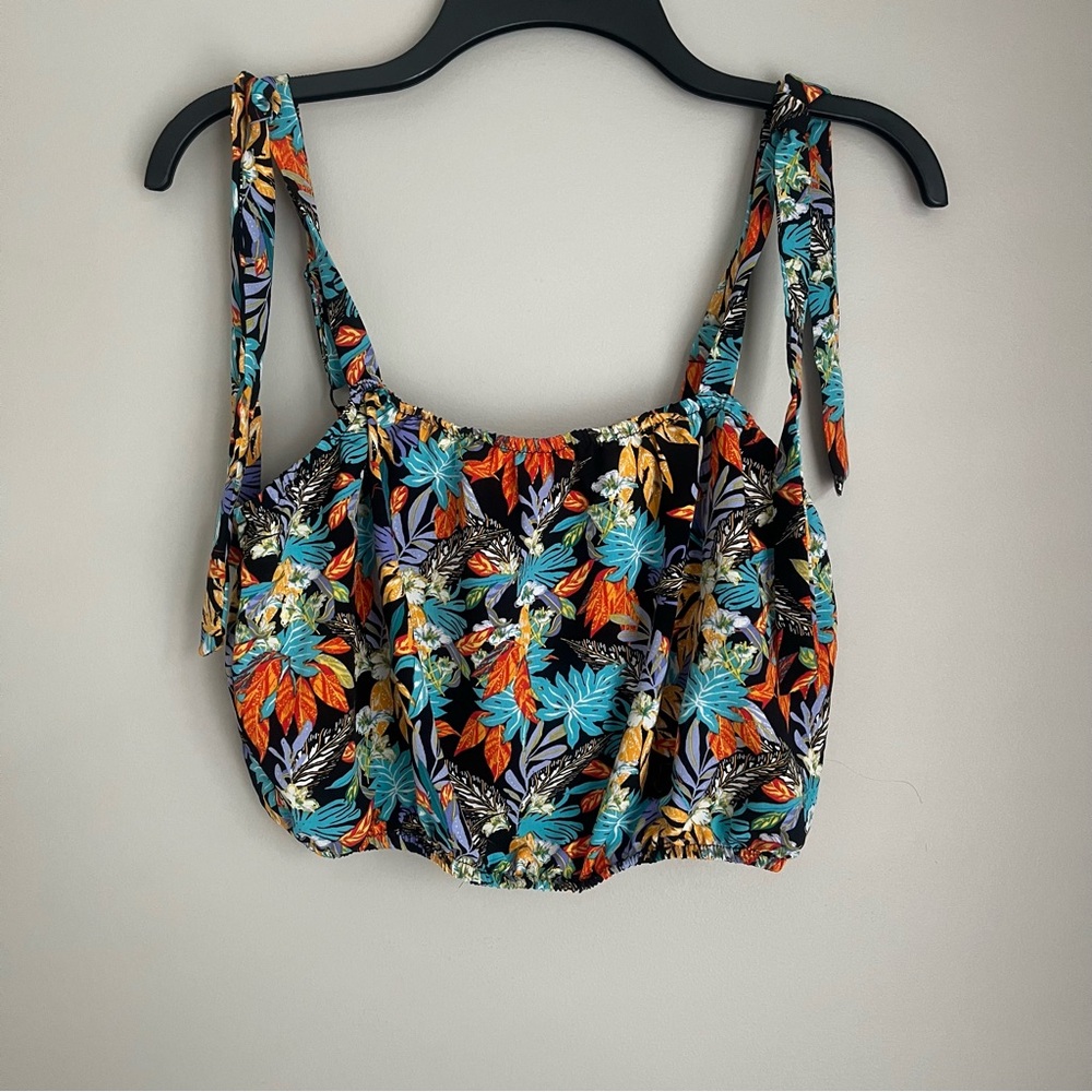 Lily Rose Women's  Orange and Blue Tropical Floral Print Smocked Crop Top Size M